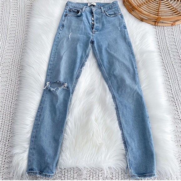 AGOLDE Nico High-Rise Skinny Jeans Distressed Light Indigo Raw Hem Button Fly 23 - Picture 3 of 15